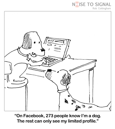 “Image of two dogs, one of whom is using a computer. The caption says “On Facebook, 273 people know I’m a dog. The rest can only see my limited profile.”