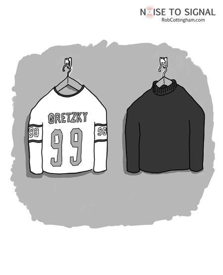 Steve Jobs' black turtleneck hangs next to Gretzky's hockey sweater