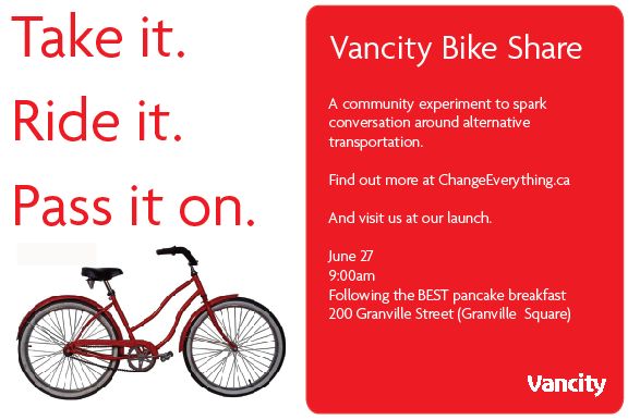 Vancity bike share launch: Wed. 27 June, 9 am in Granville Square