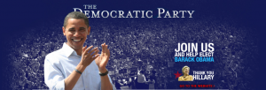 Democratic Party front page, with large photo of Barack Obama and little photo of Hillary Clinton