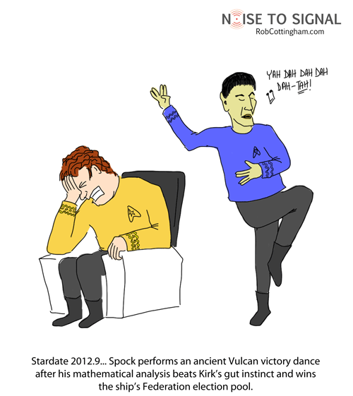 Spock does a victory dance when his algorithm beats Kirk's gut feeling to win an election pool