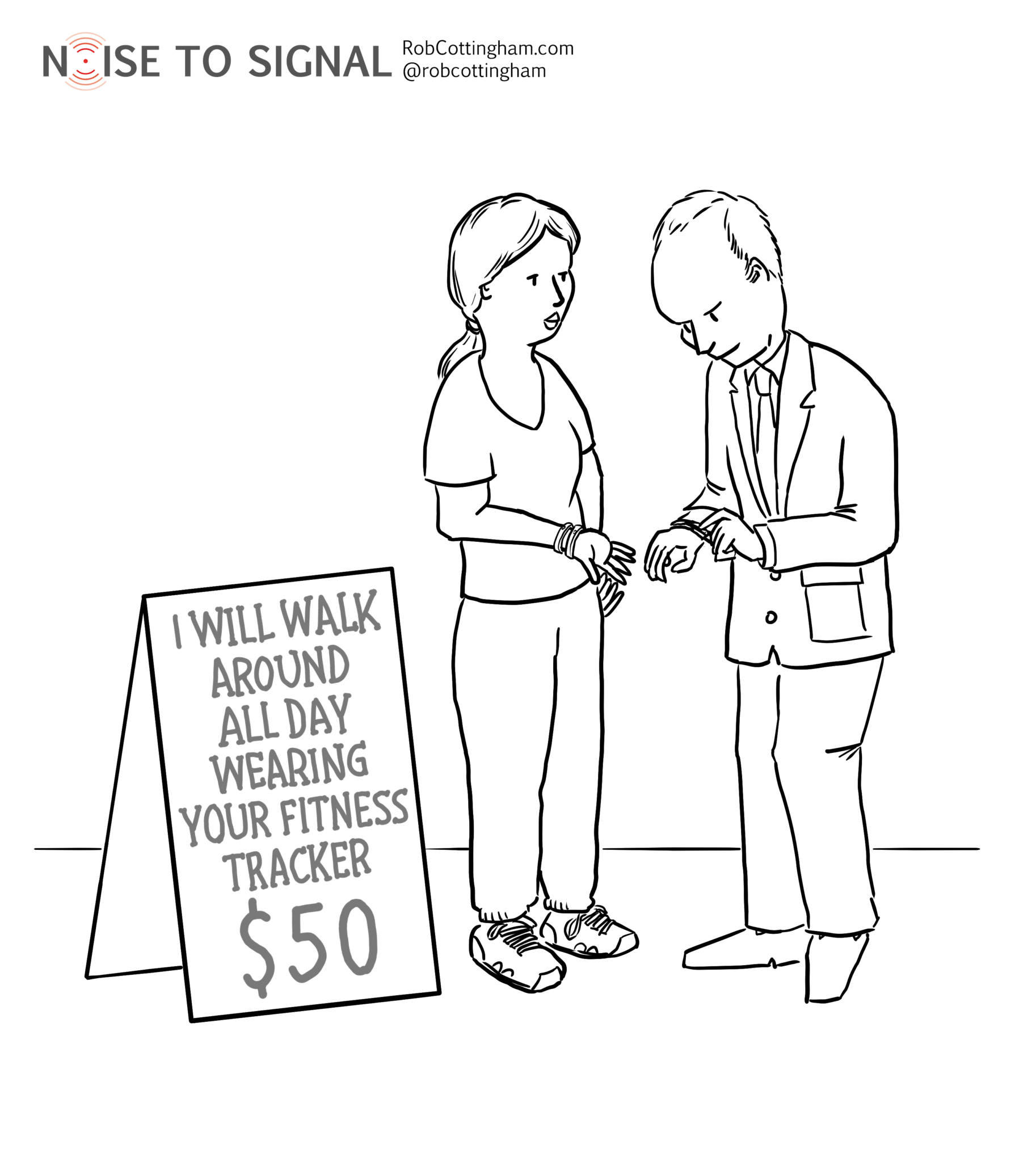 One person hands a fitness tracker to another, who is standing in front of a sign that reads I Will Walk Around All Day Wearing Your Fitness Tracker: $50