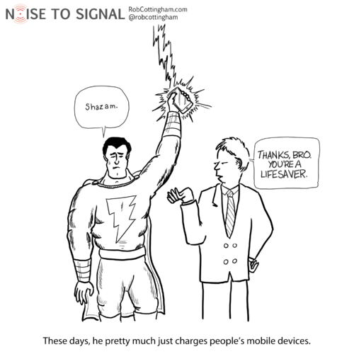 Shazam! charges a mobile phone by holding it in the air and getting struck by lightning