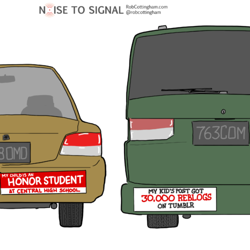 Two cars with bumper stickers: one says My child is an honor student at Central High School; the other says My kid's post got 30,000 reblogs on Tumblr