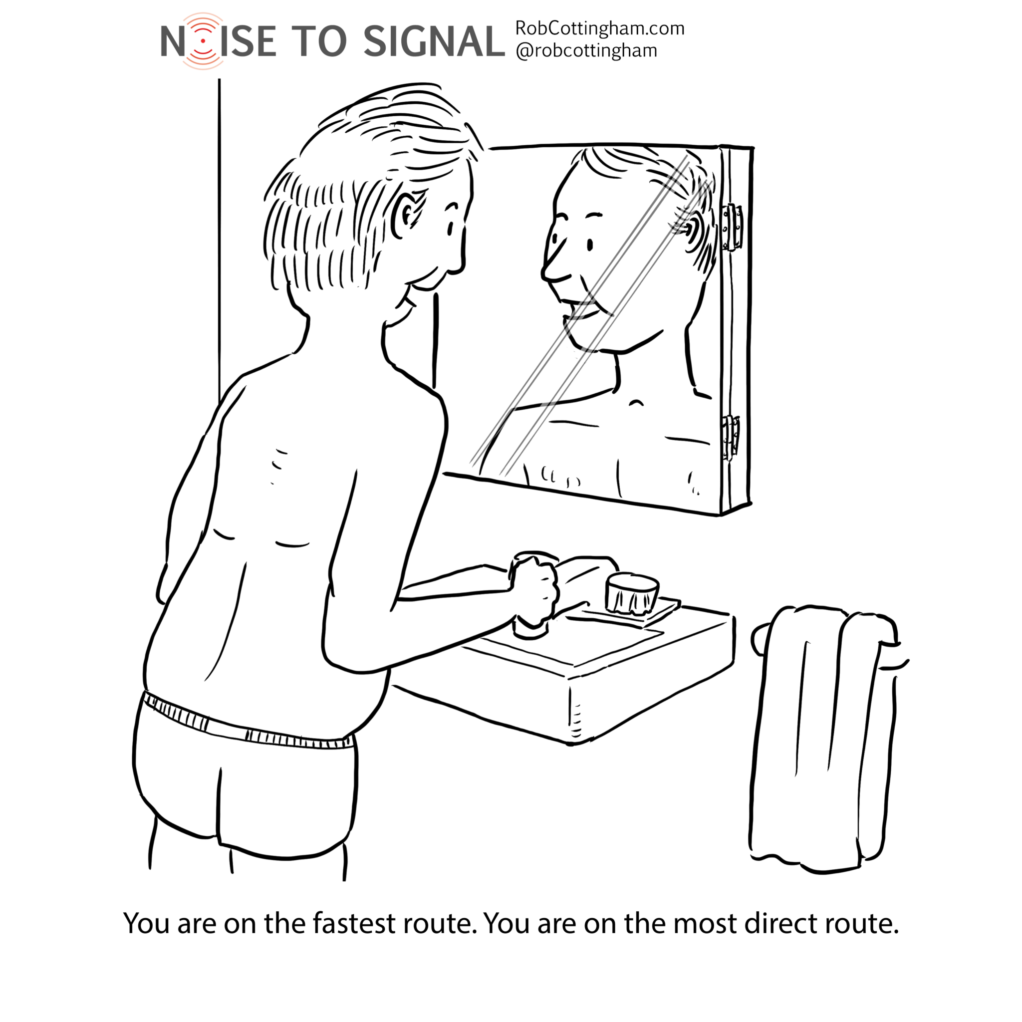 (Man looks in bathroom mirror, speaks confidently) You are on the fastest route. You are on the most direct route.