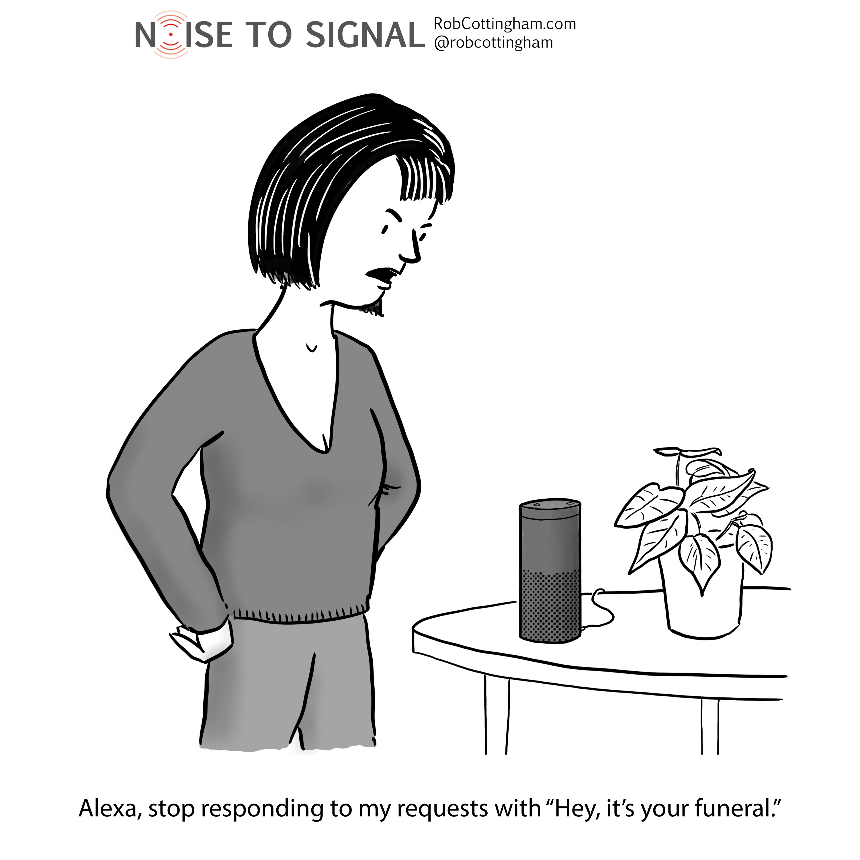 (Woman speaking to Amazon Echo) Alexa, stop responding t my requests with “It’s your funeral.”