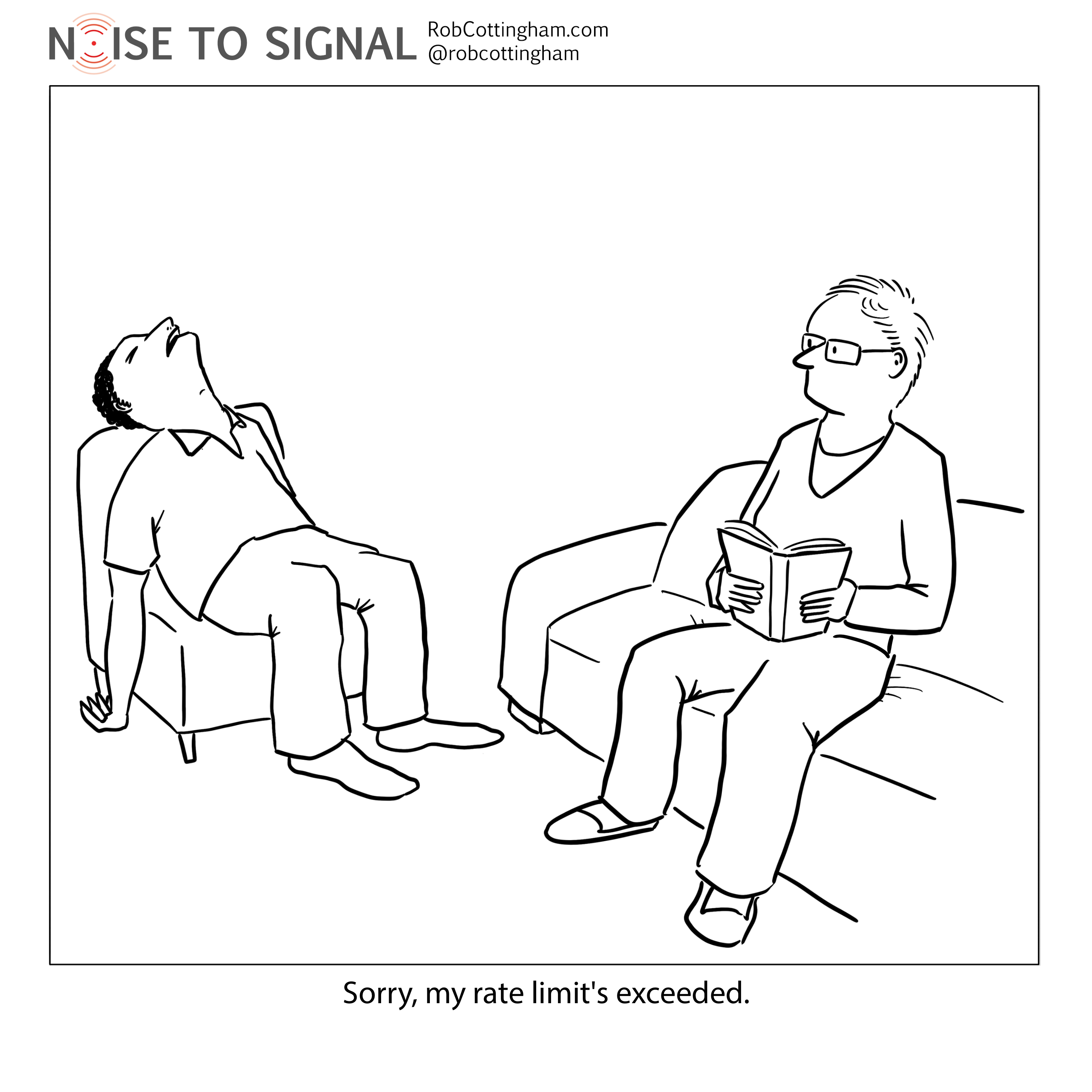 An exhausted man tells his boyfriend, "Sorry, my rate limit's exceeded."