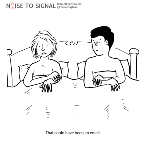 A disappointed-looking woman is in bed with her partner. Both are naked. She says, "That could have been an email."