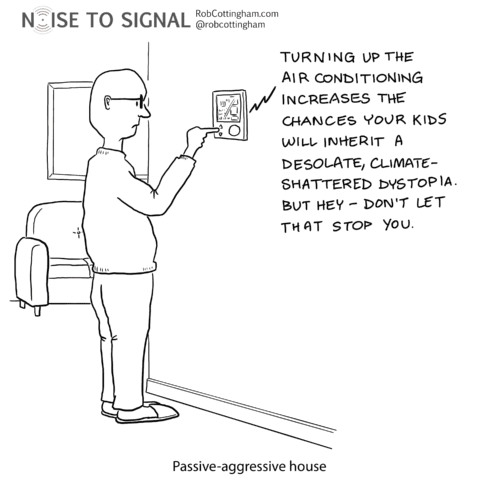 A man adjusts a home thermostat, which says "Turning up the air conditioning increases the chances your kids will inherit a desolate, climate-shattered dystopia. But hey — don't let that stop you." The caption reads "Passive-aggressive house."