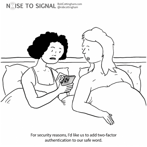 One woman in bed holds a smartphone and says to the other, "For security reasons, I'd like us to use two-factor authentication instead of our safe word."