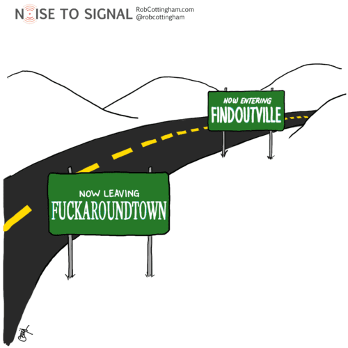 Two signs along a highway. The first reads "Now leaving Fuckaroundtown". The second reads "Now entering Findoutville."