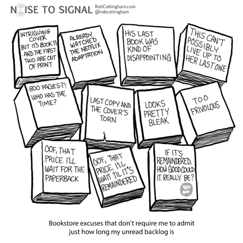 Eleven books with titles like "His last book was kind of disappointing" and "This can't possibly live up to her last book." Caption: "Bookstore excuses that don't require me to admit just how long my unread backlog is"