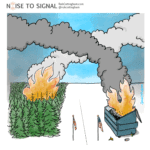 At the Canada-U.S. border, smoke from a Canadian forest wildfire blows south while smoke from an American dumpster fire blows north
