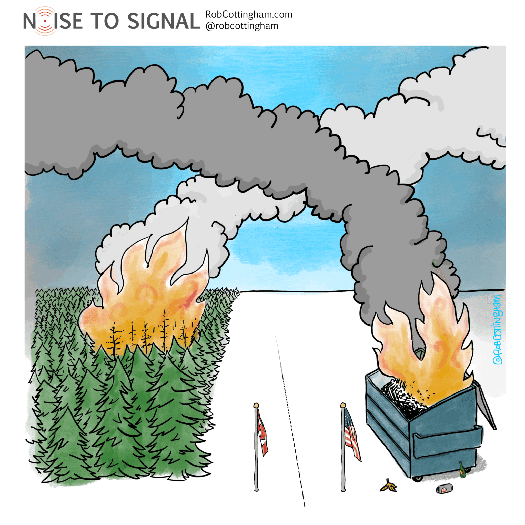 At the Canada-U.S. border, smoke from a Canadian forest wildfire blows south while smoke from an American dumpster fire blows north