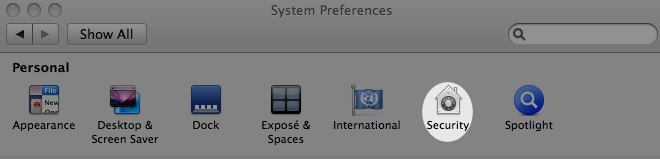 System Preferences with ‘Security’ highlighted