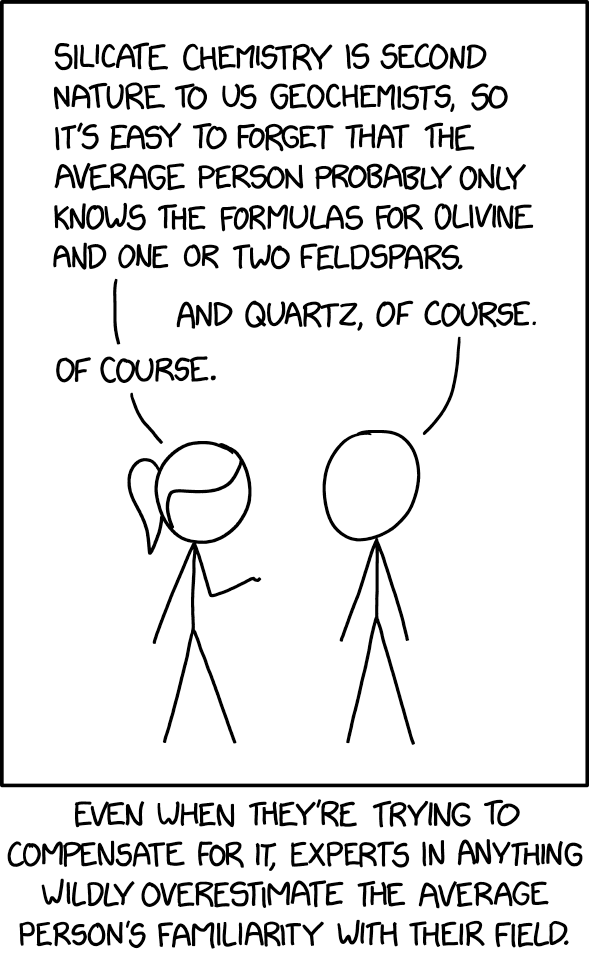 An XKCD cartoon with two people talking: Person 1: SILICATE CHEMISTRY IS SECOND NATURE TO US GEOCHEMISTS, so IT'S EASY TO FORGET THAT THE AVERAGE PERSON PROBABLY ONLY KNOWS THE FORMULAS FOR OLIVINE AND ONE OR TWO FELDSPARS. Person 2: AND QUARTZ, OF COURSE. Person 1: OF COURSE. Caption: EVEN WHEN THEY'RE TRYING TO COMPENSATE FOR IT, EXPERTS IN ANYTHING WILDLY OVERESTIMATE THE AVERAGE PERSON'S FAMILIARITY WITH THEIR FIELD.